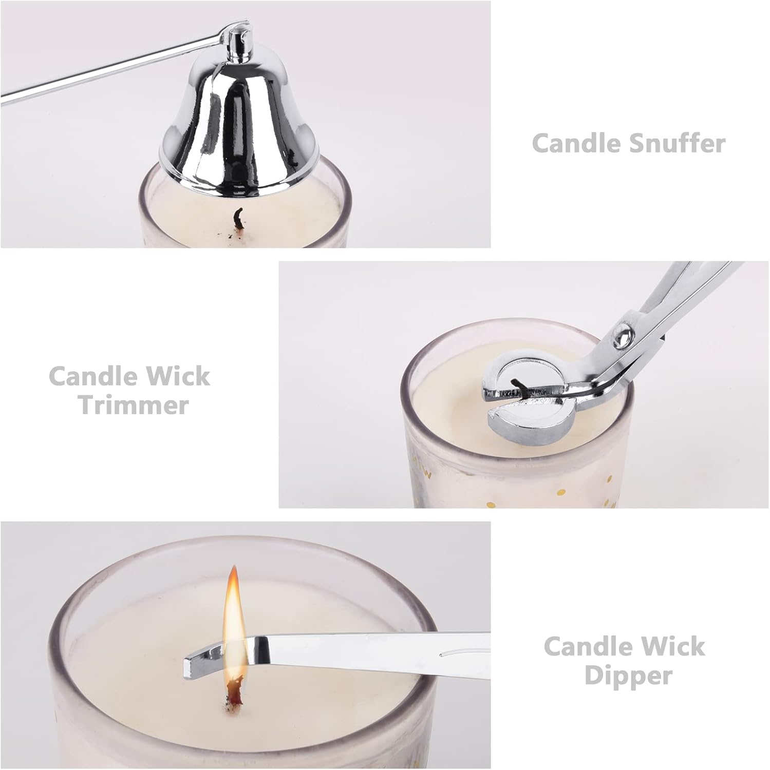 3-in-1 Candle Snuffer Set with Wick Trimmer and Dipper - Silver