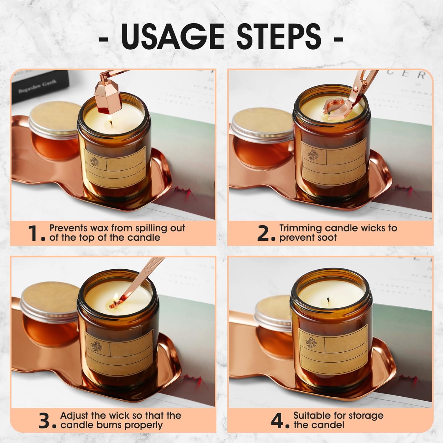 PATOISE 4 in 1 Candle Accessory Set with Rose Gold Finish
