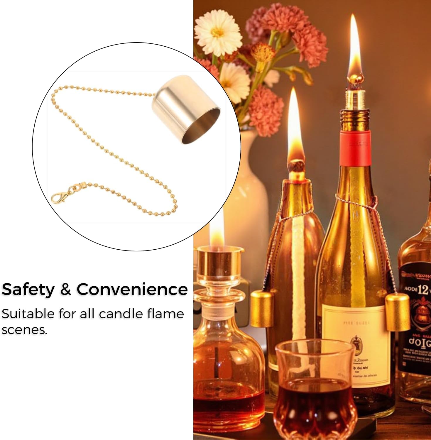 SerenGlow Brass Candle Snuffer Caps with Chain 4 Pcs
