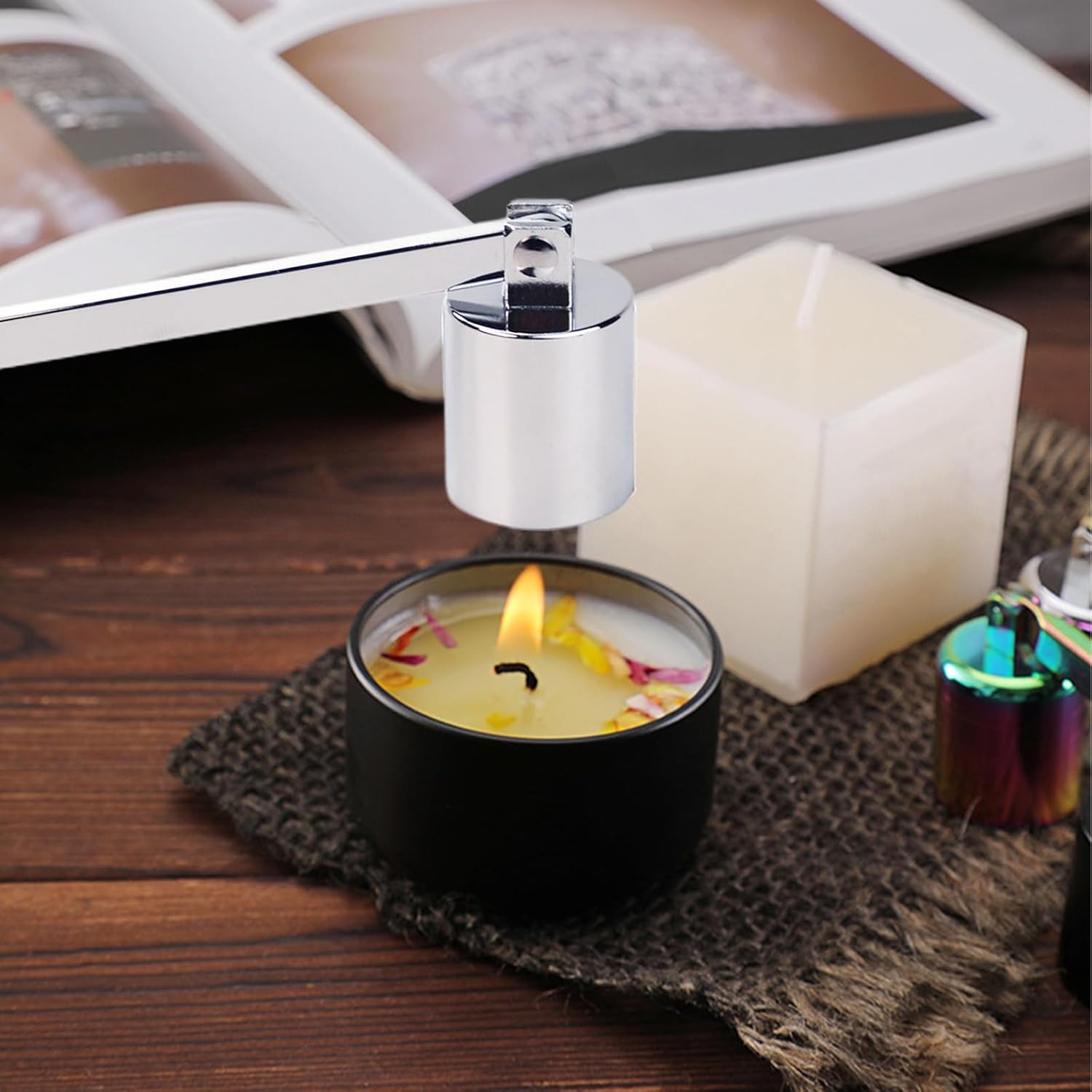 Flylin Candle Snuffer with Long Handle and Silver Finish